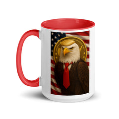 Trump Mug with a design of an American Bald Eagle wearing a tie on an American flag background