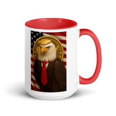 Ceramic Trump mug featuring a bald eagle in front of the American flag with a red accent handle - patriotic coffee cup gift for conservatives