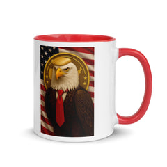 Trump Mug with a design of an American Bald Eagle wearing a tie on an American flag background