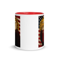 Trump Mug with a design of an American Bald Eagle wearing a tie on an American flag background