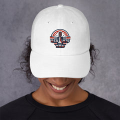 Conservative white adjustable baseball cap with embroidered logo