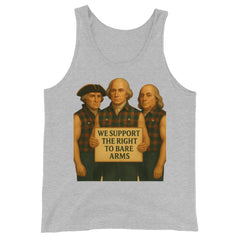 Front view of Founding Fathers "Right to Bare Arms" funny patriotic tank top in gray