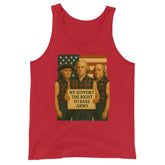 Front view of Founding Fathers "Right to Bare Arms" flag funny patriotic tank top in red