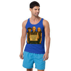 Model wearing Founding Fathers patriotic muscle tank, front view