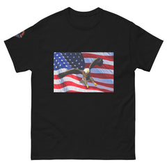 Black t-shirt with a graphic of a bald eagle and American flag.
