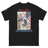 Bullish on America English Bulldog T-Shirt with Uncle Sam hat in black - patriotic USA dog lover tee