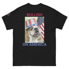 Bullish on America English Bulldog T-Shirt with Uncle Sam hat in black - patriotic USA dog lover tee