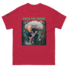 Red conservative Trump T-shirt featuring Drain The Swamp patriotic design - MAGA rally shirt.