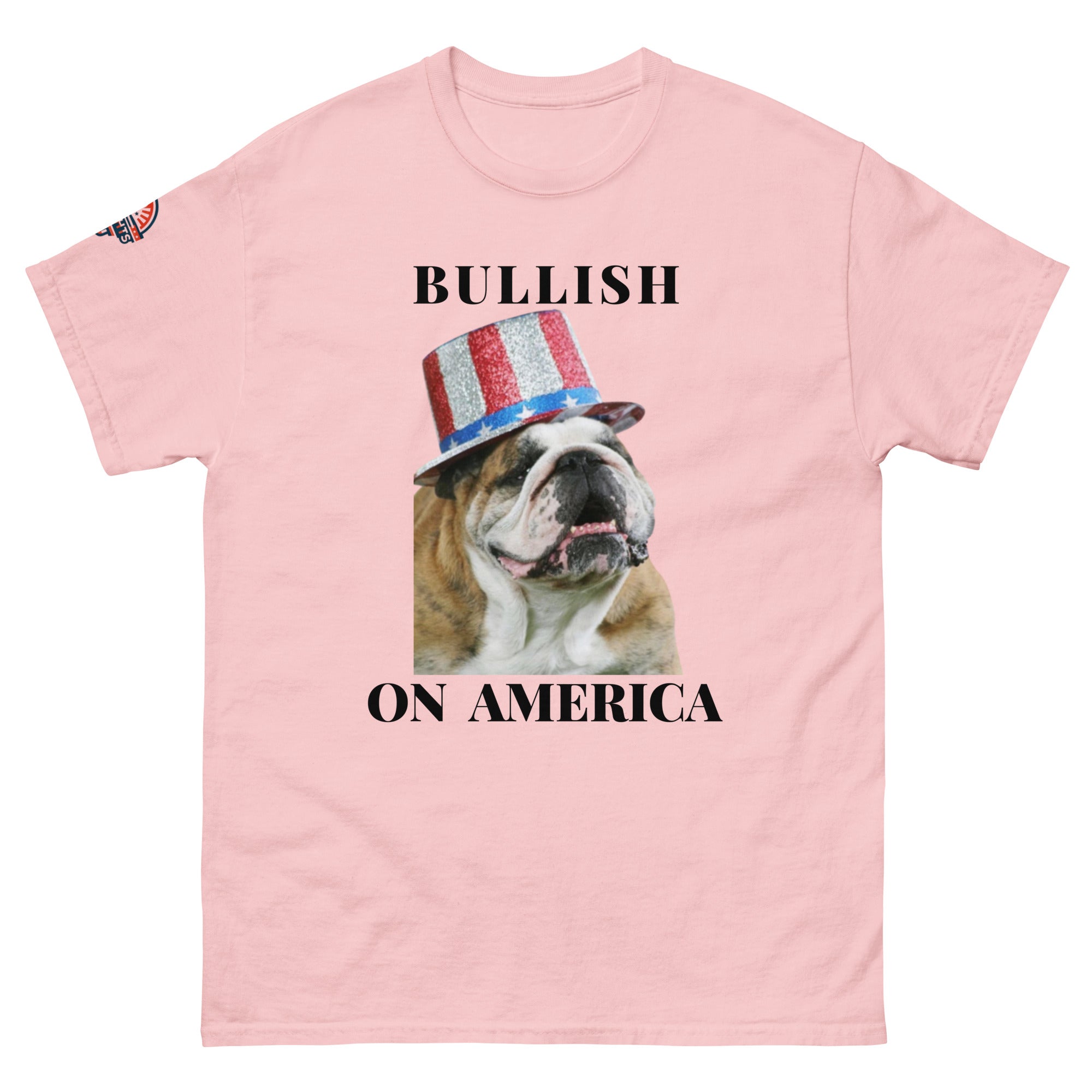 Bullish on America English Bulldog T-Shirt in pink - patriotic USA dog lover tee