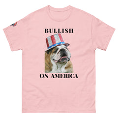 Bullish on America English Bulldog T-Shirt in pink - patriotic USA dog lover tee