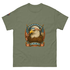 Patriotic bald eagle t-shirt with American flag headband - Freedom Fighter Eagle Tee in military green