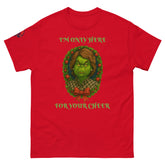 Red Christmas T-shirt featuring "I'm Only Here For Your Cheer" political holiday wreath design - conservative funny shirt.
