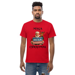 Man wearing MAGA Trump Christmas T-shirt in red - patriotic holiday shirt