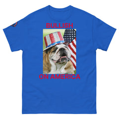 Bullish on America English Bulldog T-Shirt with Uncle Sam hat in royal blue - patriotic USA dog lover tee