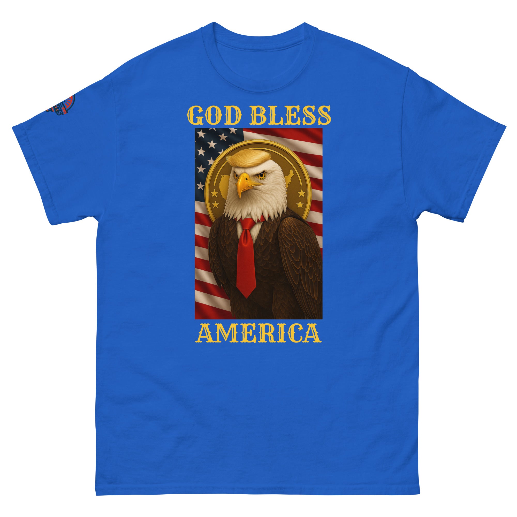 God Bless America patriotic eagle T-shirt in blue with American flag and bald eagle graphic
