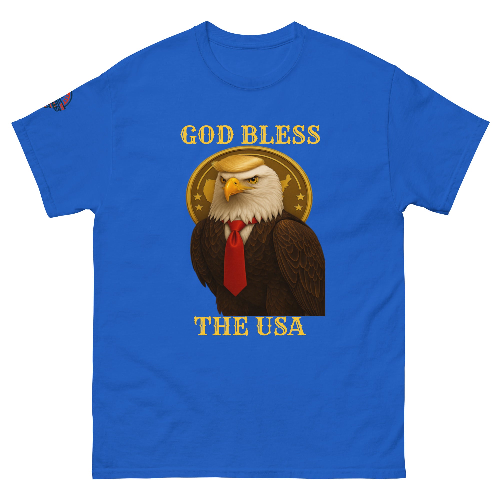 God Bless The USA patriotic eagle T-shirt in blue with Golden Age and bald eagle graphic