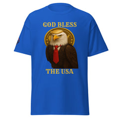 God Bless The USA patriotic Trump eagle T-shirt in blue with Golden Age and bald eagle graphic
