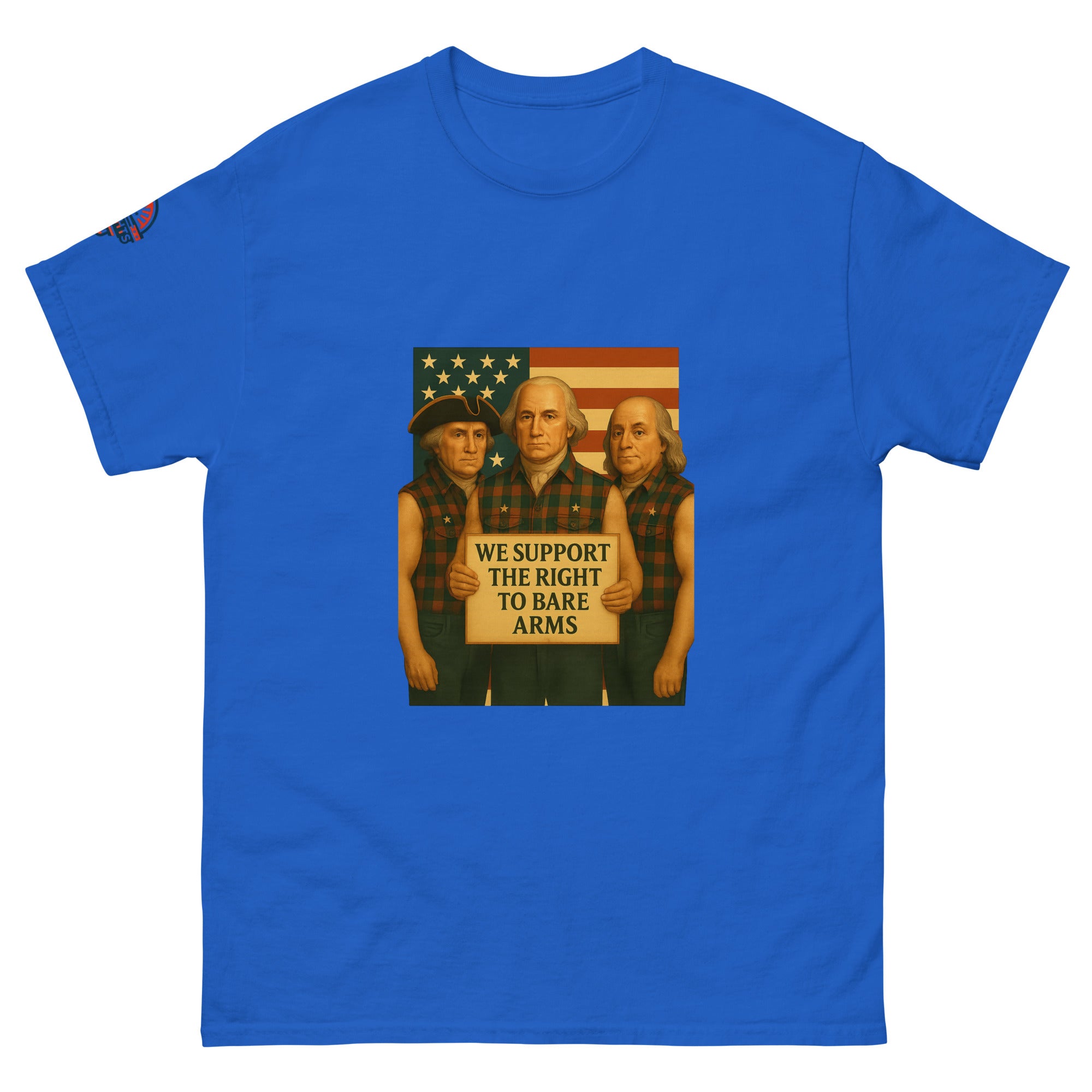 Front view of Founding Fathers "Right to Bare Arms" flag funny patriotic t-shirt in blue