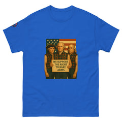Front view of Founding Fathers "Right to Bare Arms" flag funny patriotic t-shirt in blue
