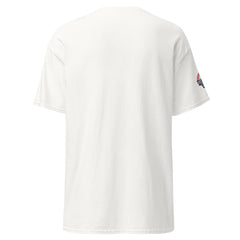 White t-shirt with a small logo on the right sleeve against a white background (rear view)