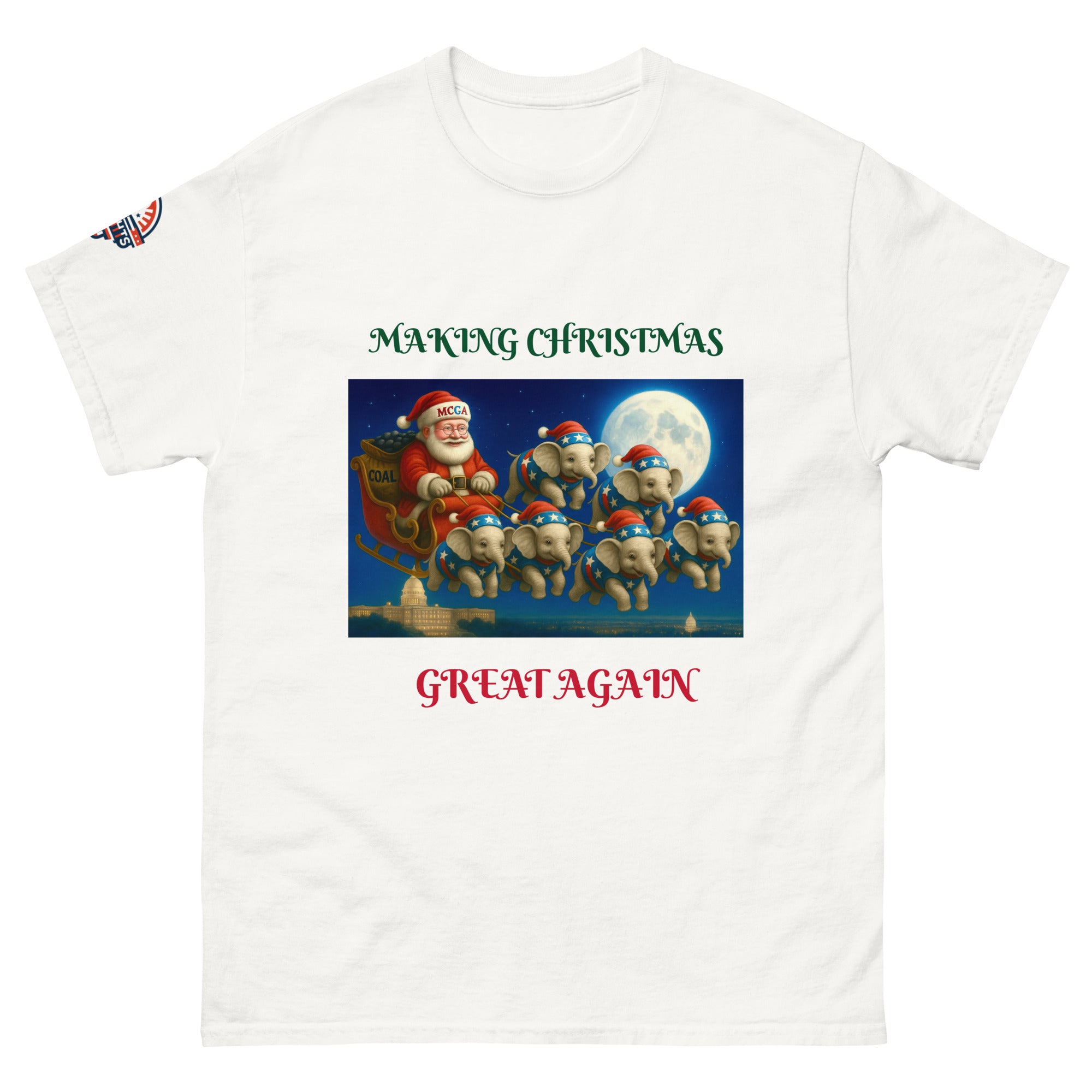 Patriotic Santa wearing a red "Make Christmas Great Again" hat flying over the U.S. Capitol with elephants in star-spangled sweaters - conservative Christmas T-shirt design