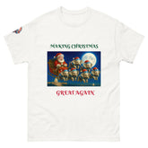 Patriotic Santa wearing a red "Make Christmas Great Again" hat flying over the U.S. Capitol with elephants in star-spangled sweaters - conservative Christmas T-shirt design