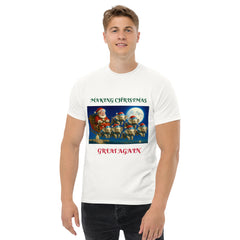 Man wearing white "Making Christmas Great Again" patriotic Santa shirt - casual conservative holiday outfit