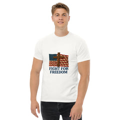 Man wearing a white t-shirt with an American flag and cross design, text 'Fight for Freedom' on a white background.