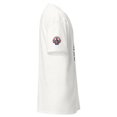 White Fight for Freedom t-shirt with a Red, Rights & You logo on the right sleeve against a white background