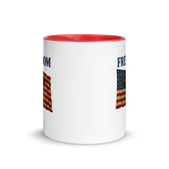 Patriotic FAITH AND FREEDOM mug featuring USA flag, wooden cross, and bold FREEDOM text – side view
