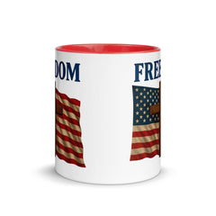 Patriotic FAITH AND FREEDOM mug featuring USA flag, wooden cross, and bold FREEDOM text – side view - large print