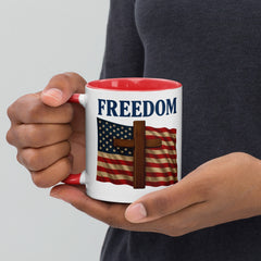 Patriotic Mug with American flag and cross design, held by hand against a white background with red fill and handle - large print