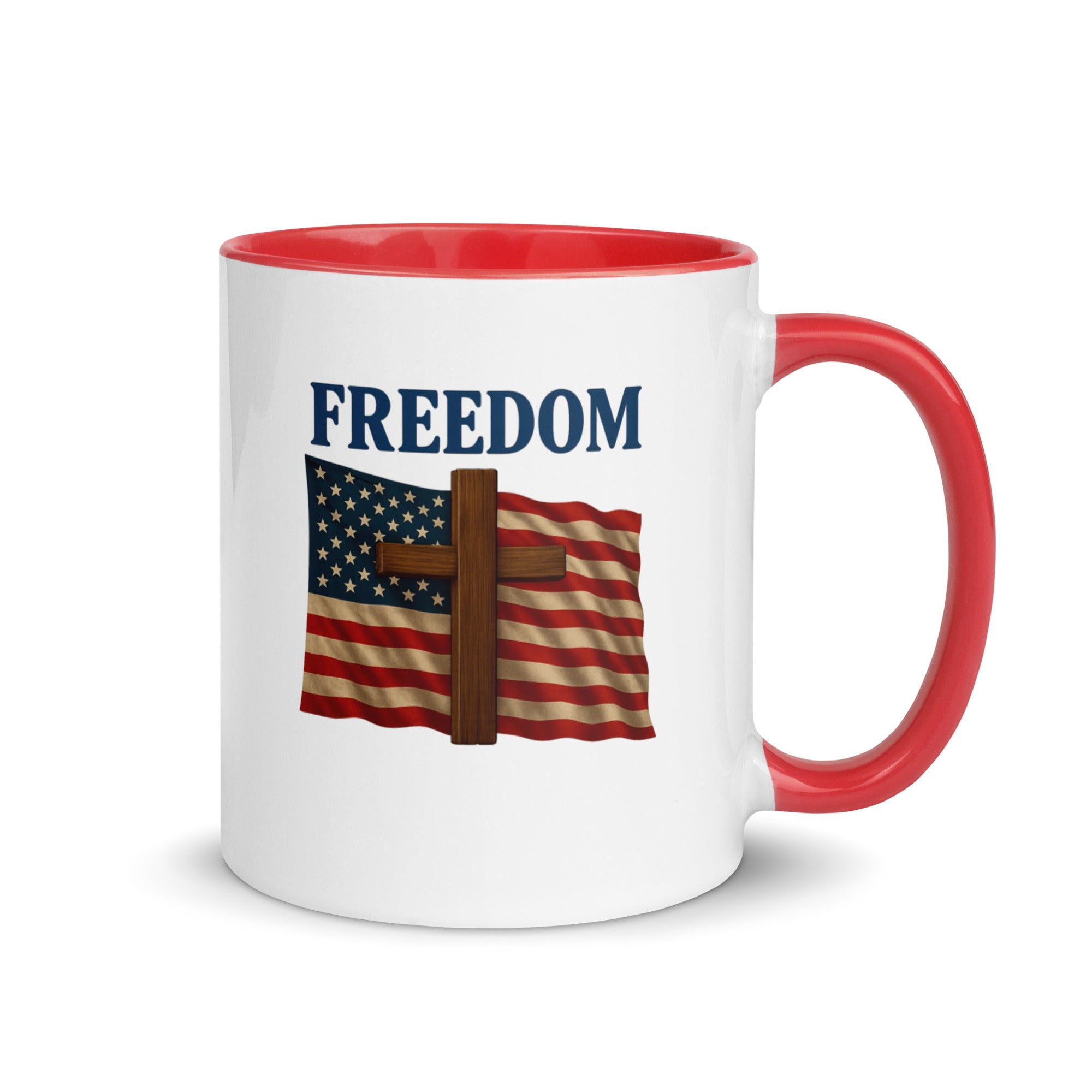 Patriotic FAITH AND FREEDOM mug featuring USA flag, wooden cross, and bold FREEDOM text – double sided