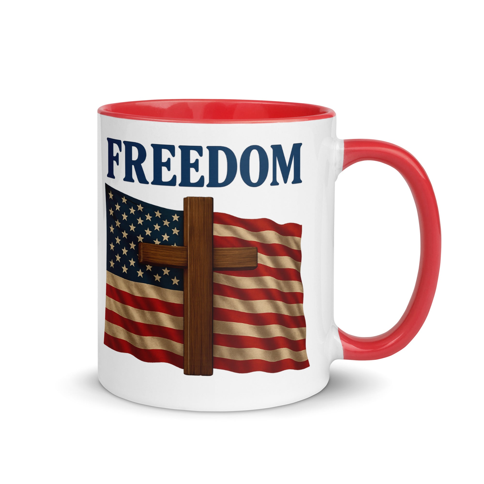 Patriotic FAITH AND FREEDOM mug featuring USA flag, wooden cross, and bold FREEDOM text – large print - double sided - handle right facing