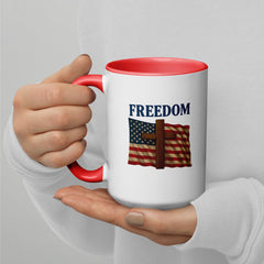 Patriotic Mug with American flag and cross design, held by hand against a white background with red fill and handle