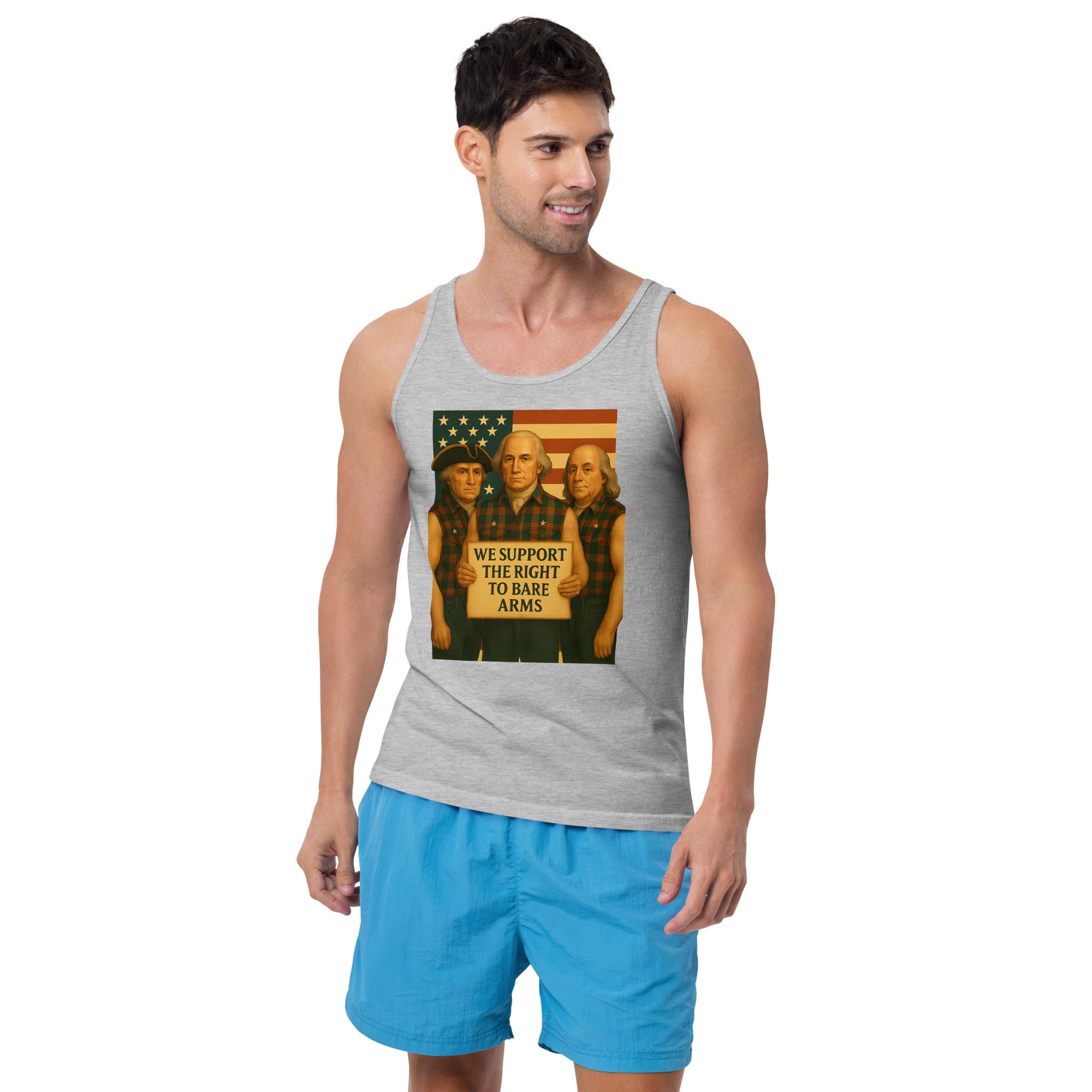 Man wearing gray Founding Fathers patriotic muscle tank, front view