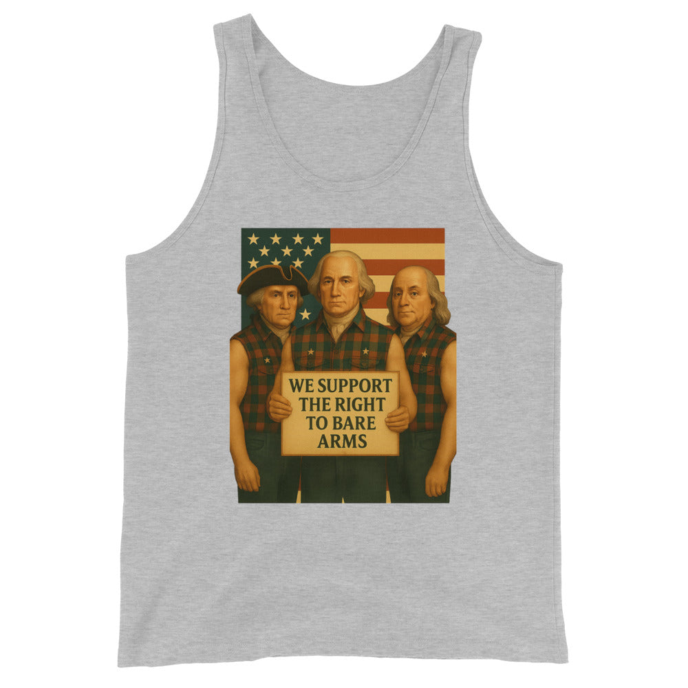 Front view of Founding Fathers "Right to Bare Arms" flag funny patriotic tank top in gray