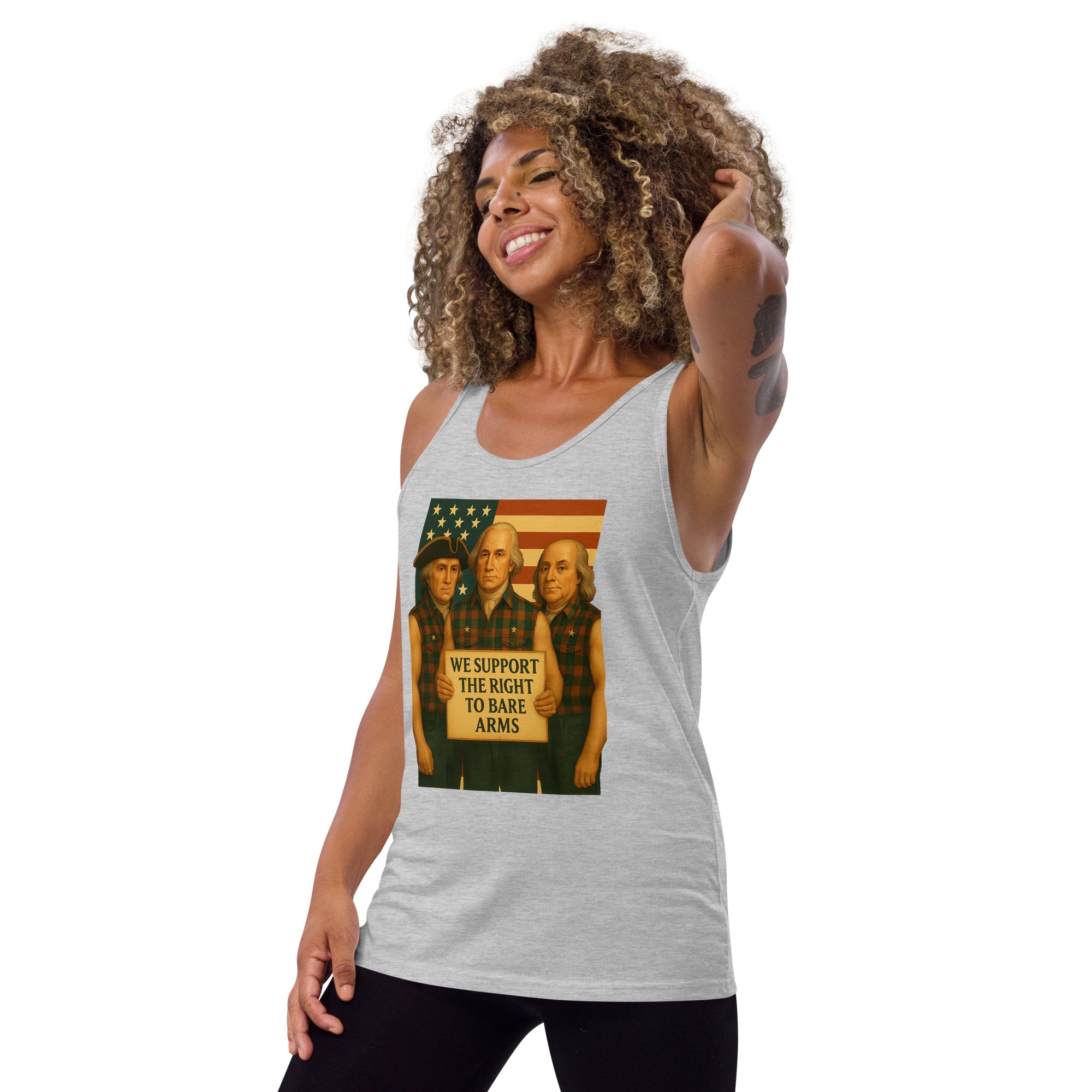 Woman wearing gray Founding Fathers patriotic muscle tank, front view