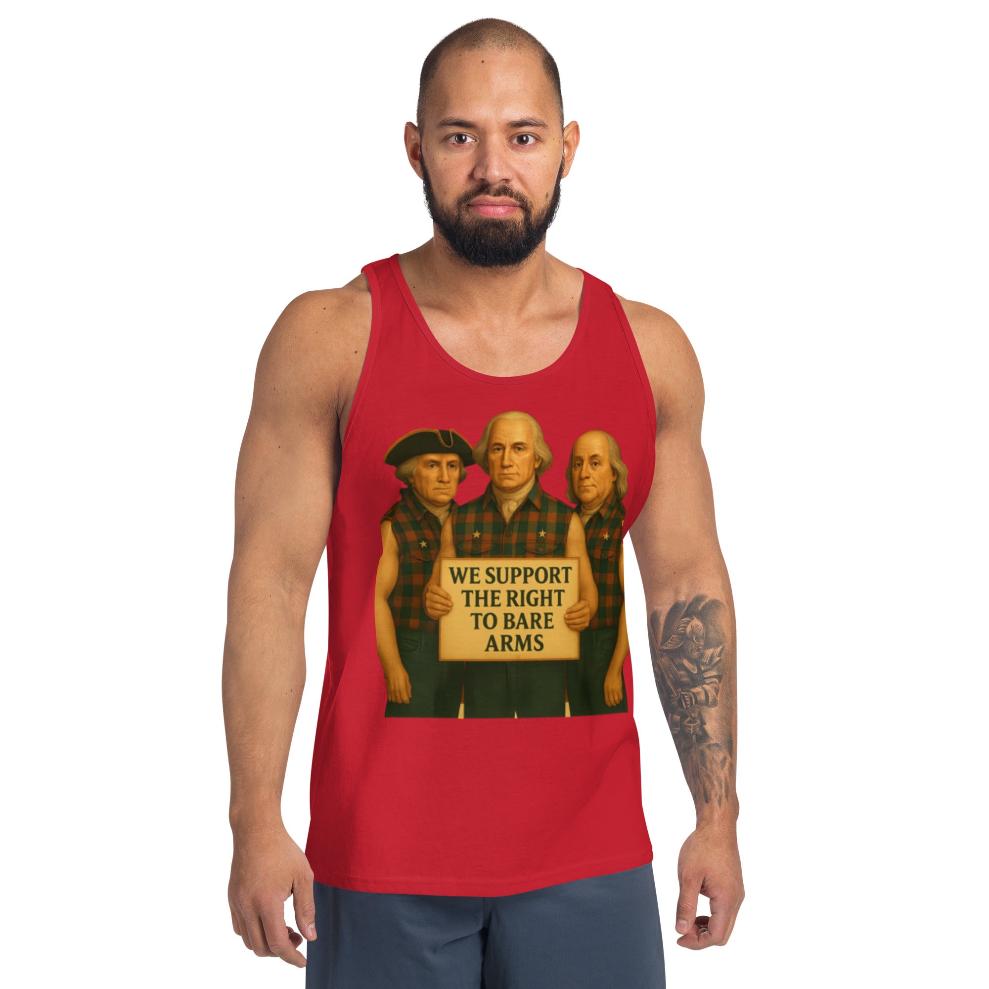Model wearing Founding Fathers patriotic muscle tank, front view