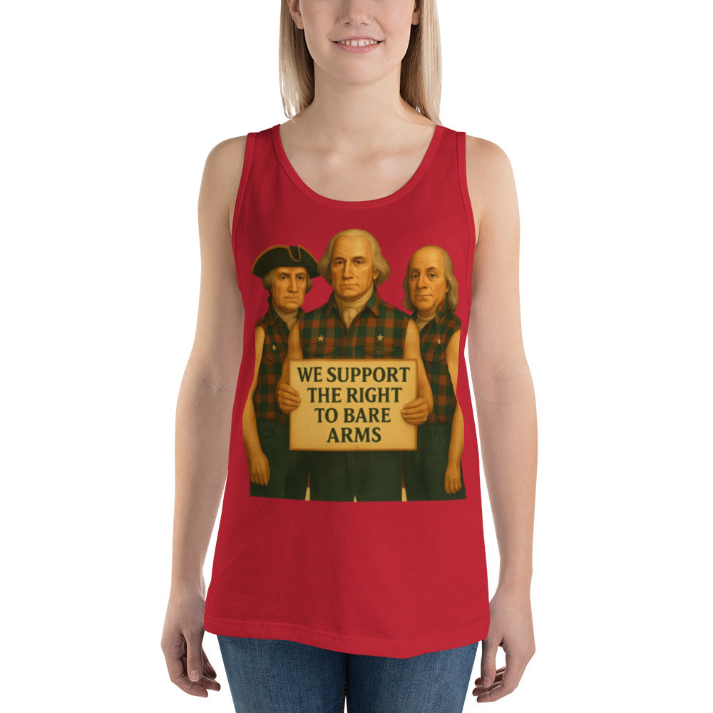 Model wearing Founding Fathers patriotic muscle tank, front view