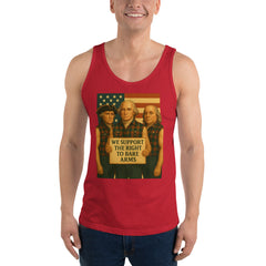 Man wearing red Founding Fathers patriotic muscle tank, front view