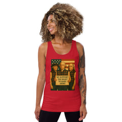 Woman wearing red Founding Fathers patriotic muscle tank, front view
