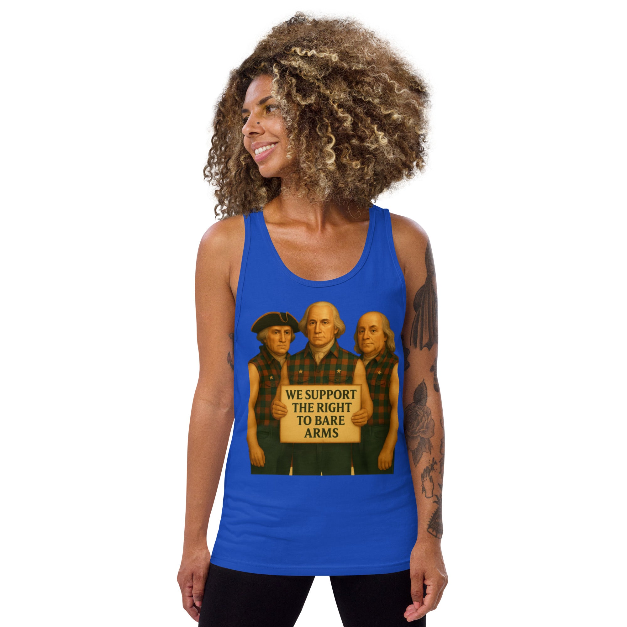 Model wearing "Right to Bare Arms" tank top, side view