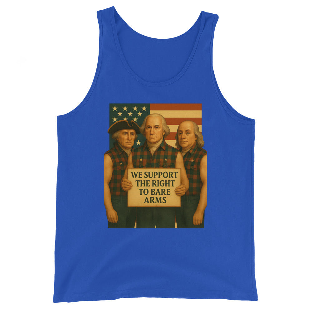 Front view of Founding Fathers "Right to Bare Arms" flag funny patriotic tank top in blue