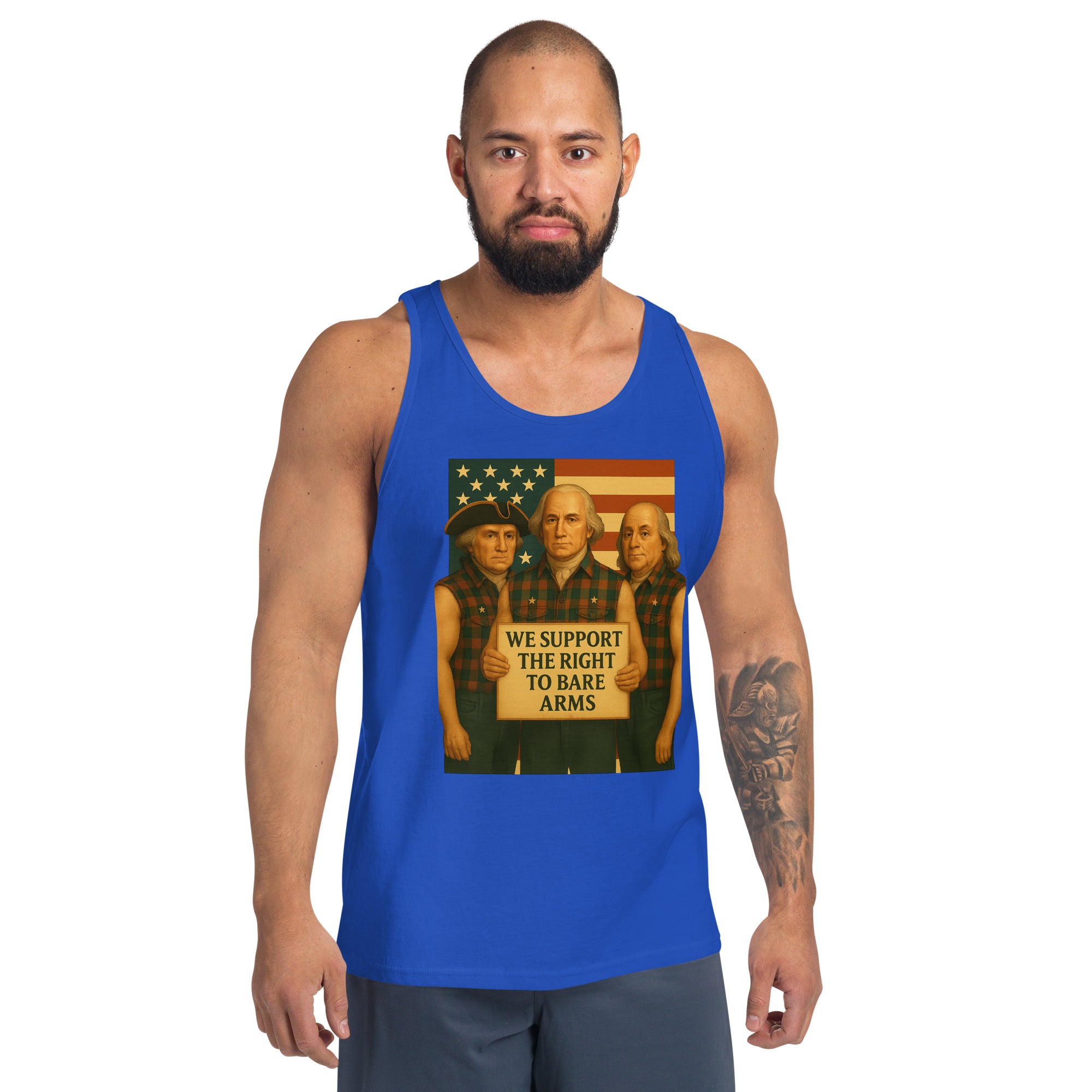 Man wearing Founding Fathers blue patriotic muscle tank, front view