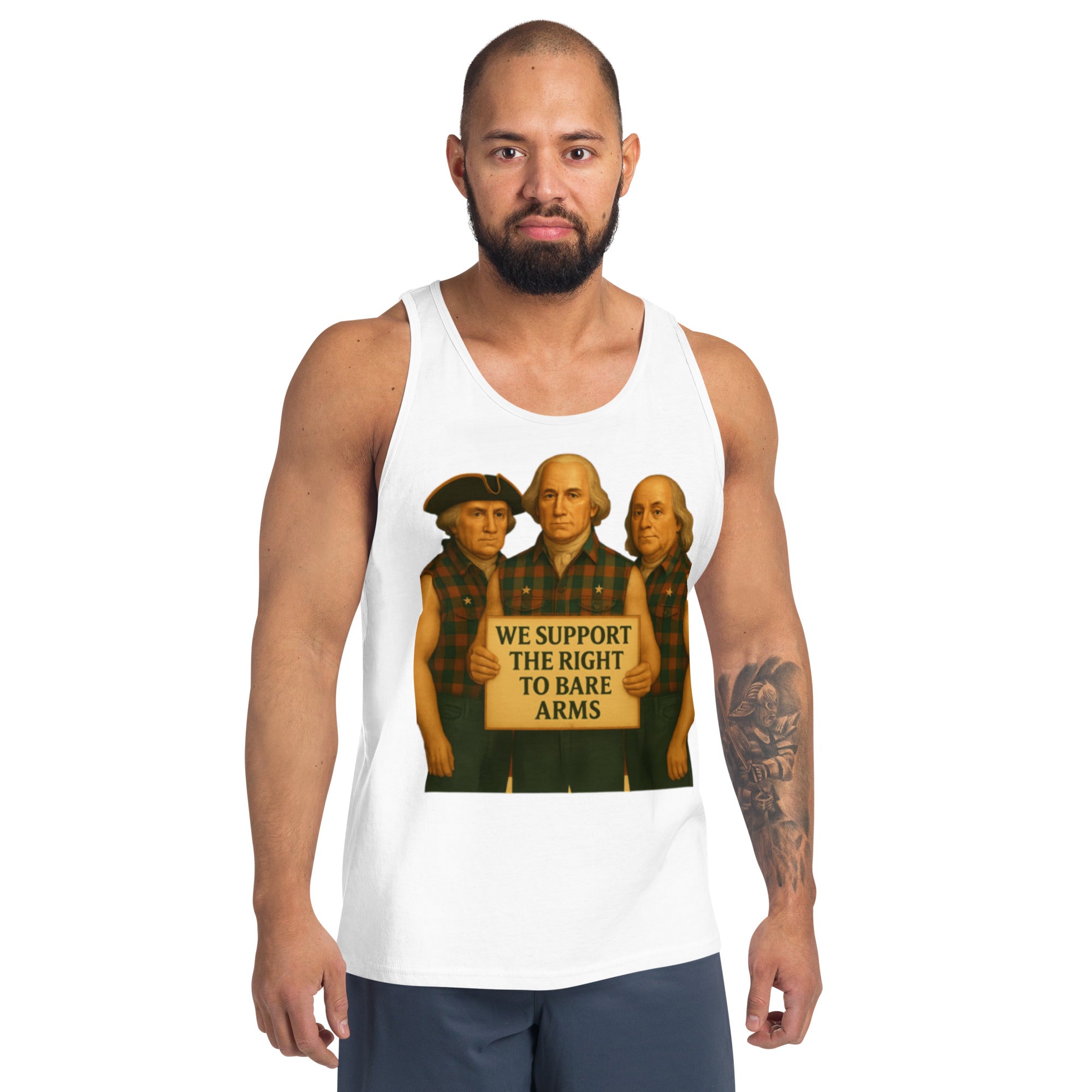 Model wearing Founding Fathers patriotic muscle tank, front view
