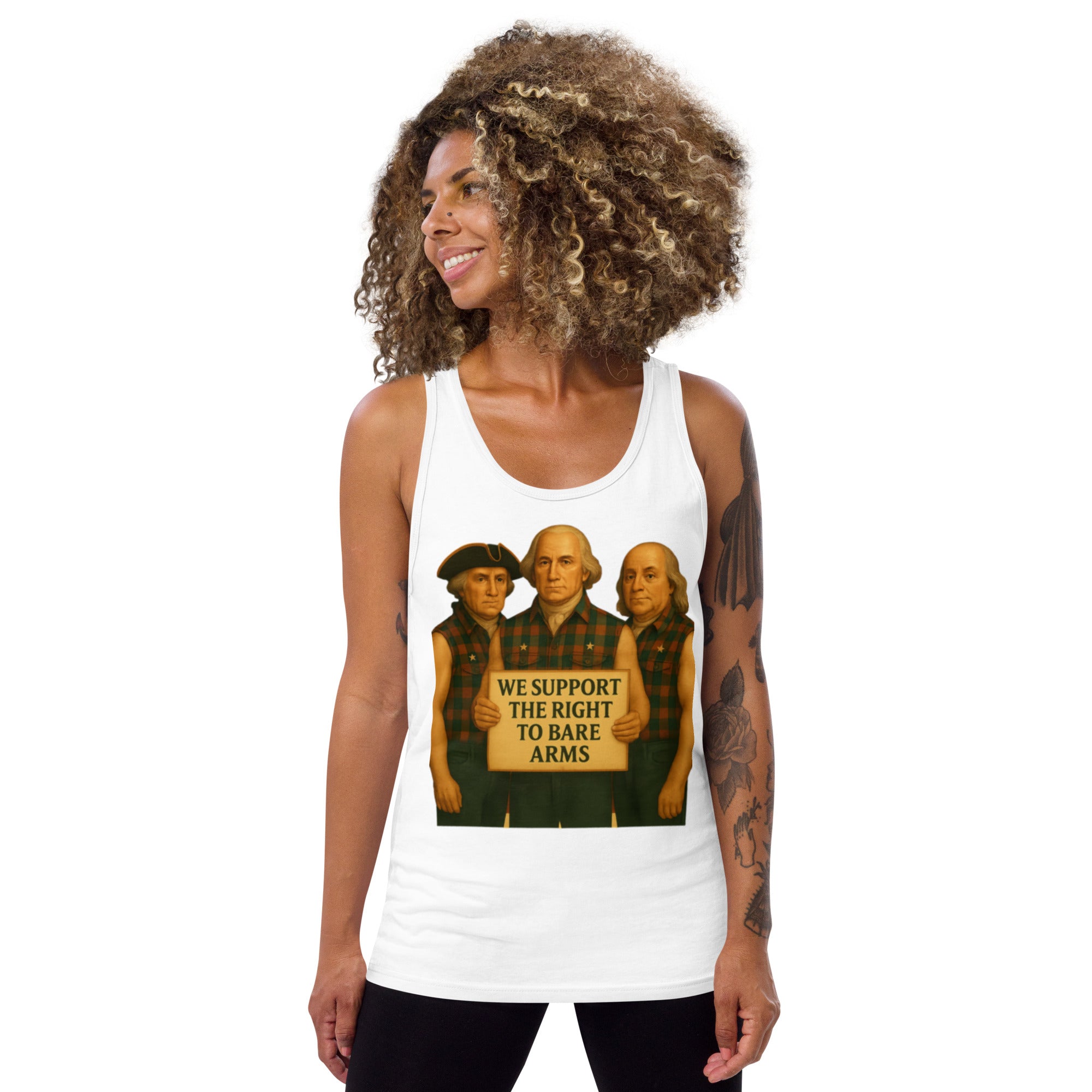 Model wearing "Right to Bare Arms" tank top, side view