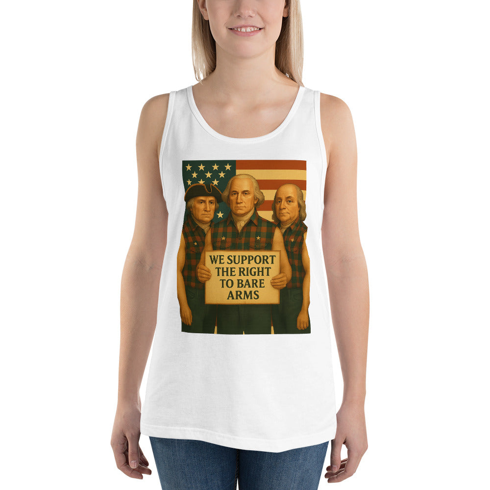 Woman wearing white Founding Fathers patriotic muscle tank, front view