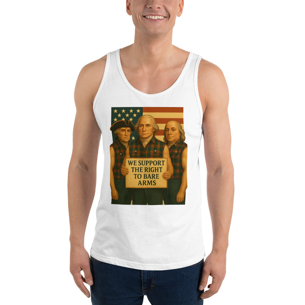 Man wearing white Founding Fathers patriotic muscle tank, front view