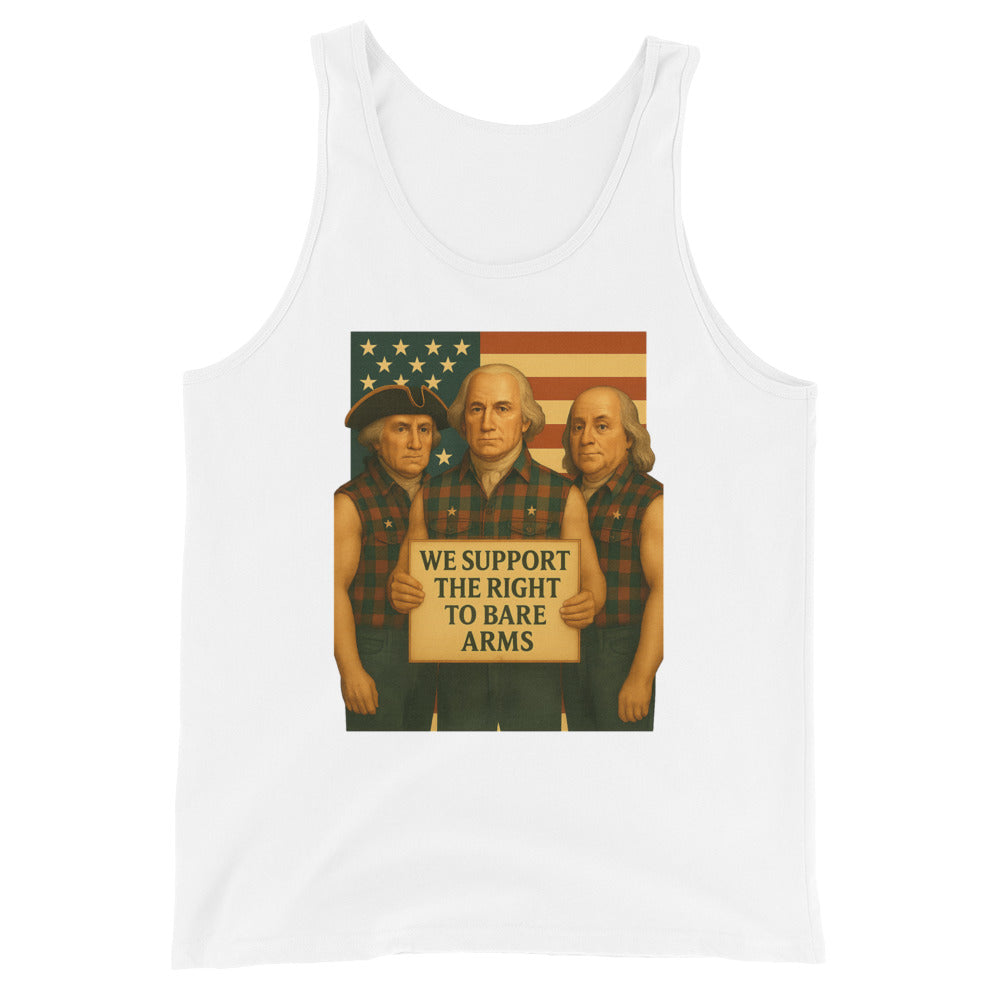 Front view of Founding Fathers "Right to Bare Arms" flag funny patriotic tank top in white